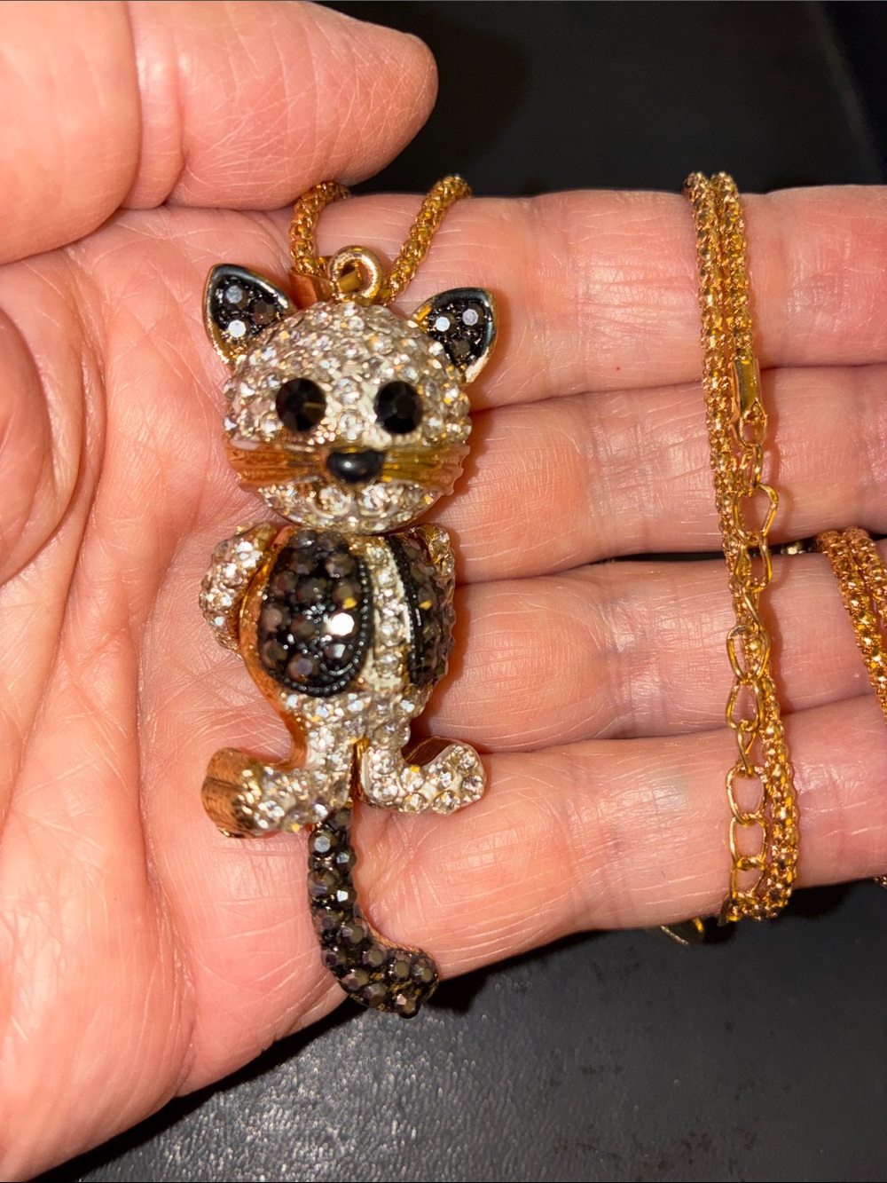 Cat Movement piece. This Pendant Moves. Crystal, Gold and Black